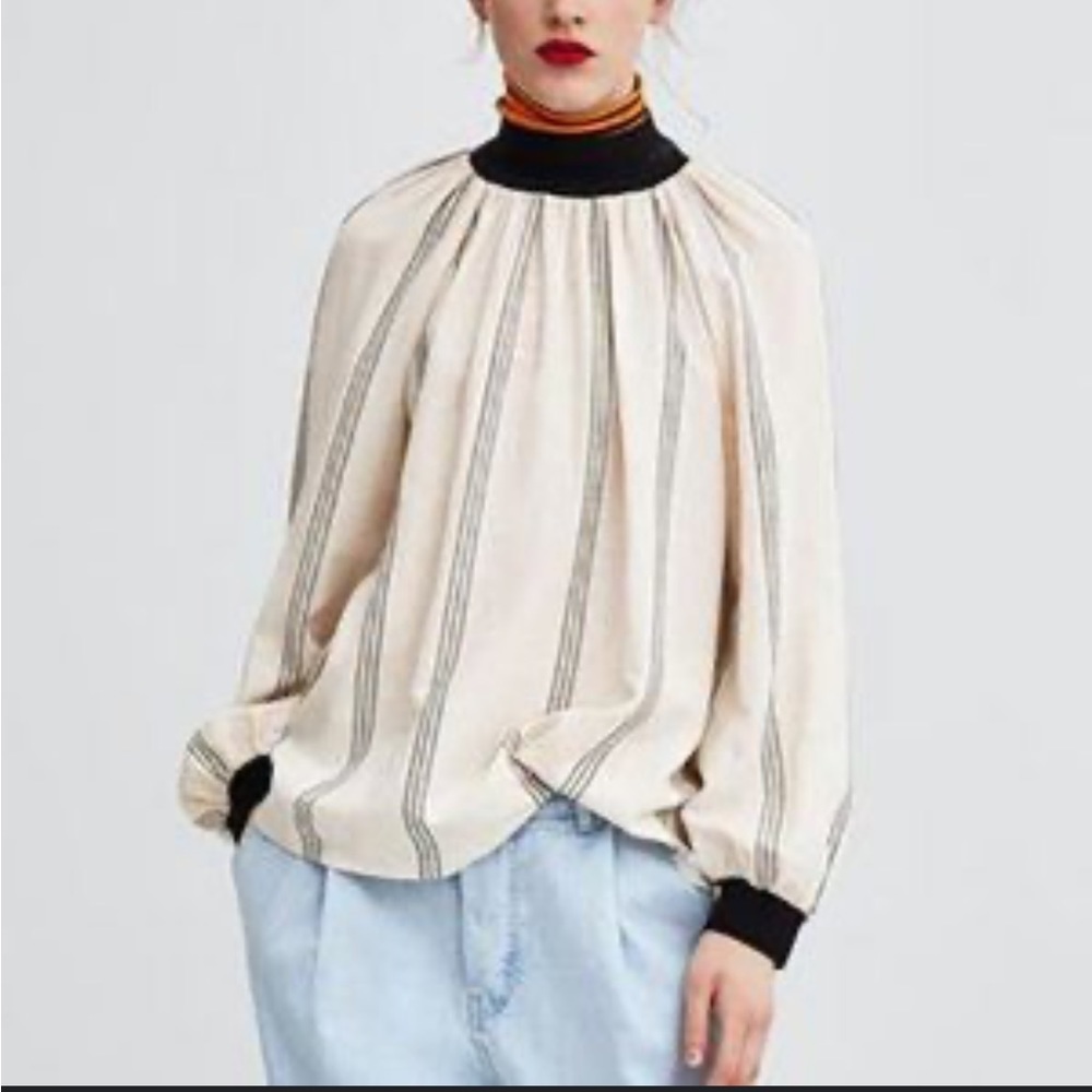 Zara Tunic Turtleneck Top Lagenlook Cream Black Bold Unique Minimalist Stripes